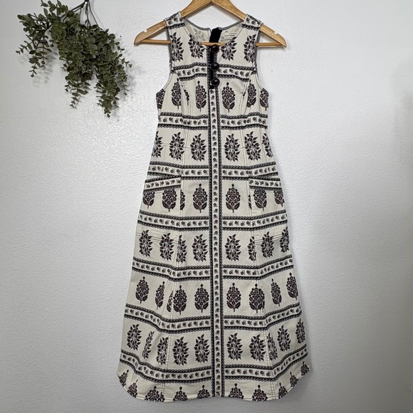 Anthropologie Woodblock Midi Dress Floral Print Fit & Flare White Black US 6 - Picture 2 of 11